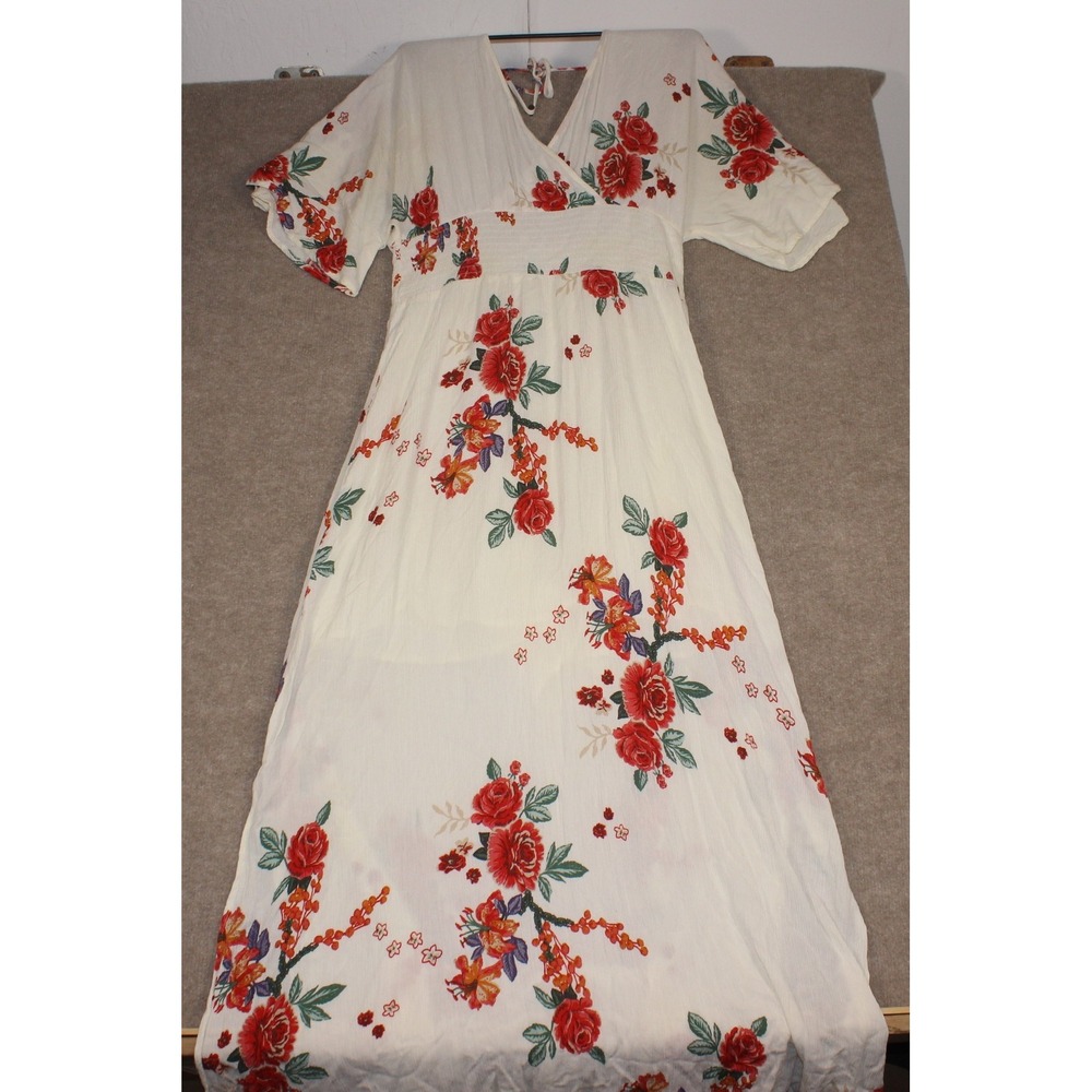 Oddi Floral Maxi Dress Cream Red Orange Smocked Waist V-Neck Boho Summer Large